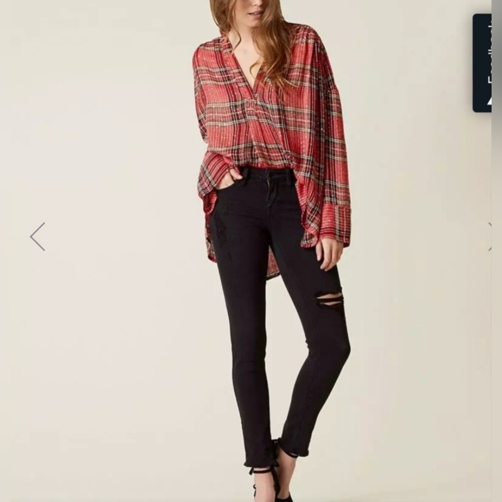 Free People plaid oversized top Small new farmhouse sequin boyfriend